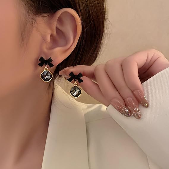 Black Bow Crystal drop cute Earrings